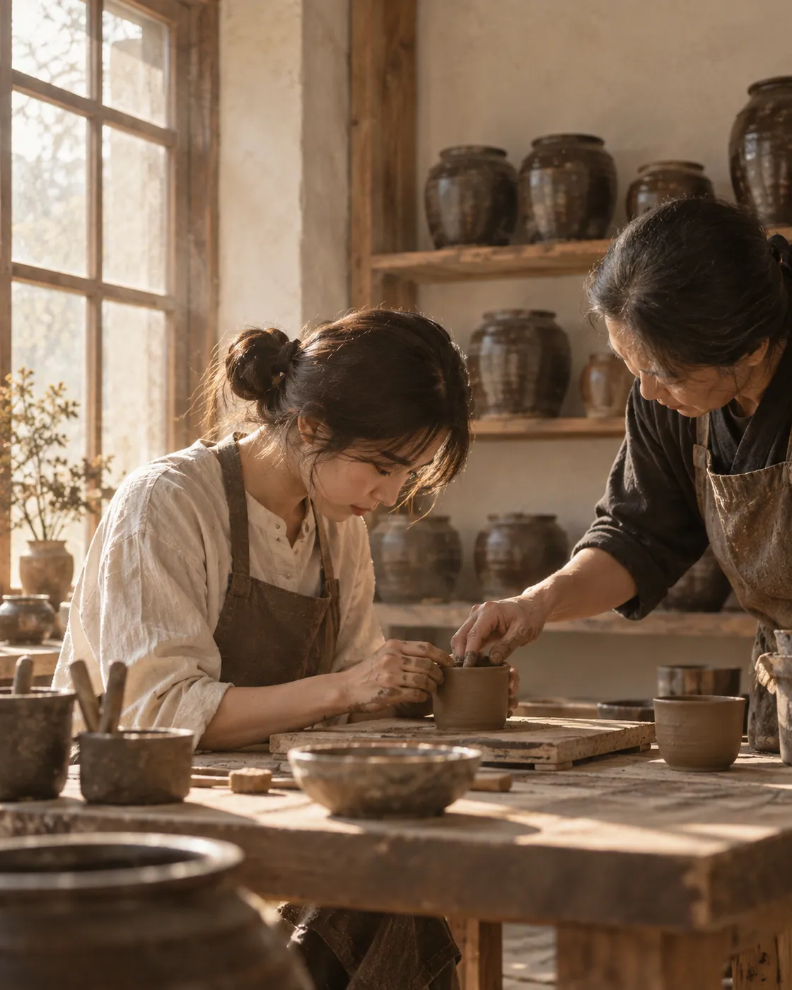 장인이 옆에서 잡아주며 함께 그릇을 만드는 모습